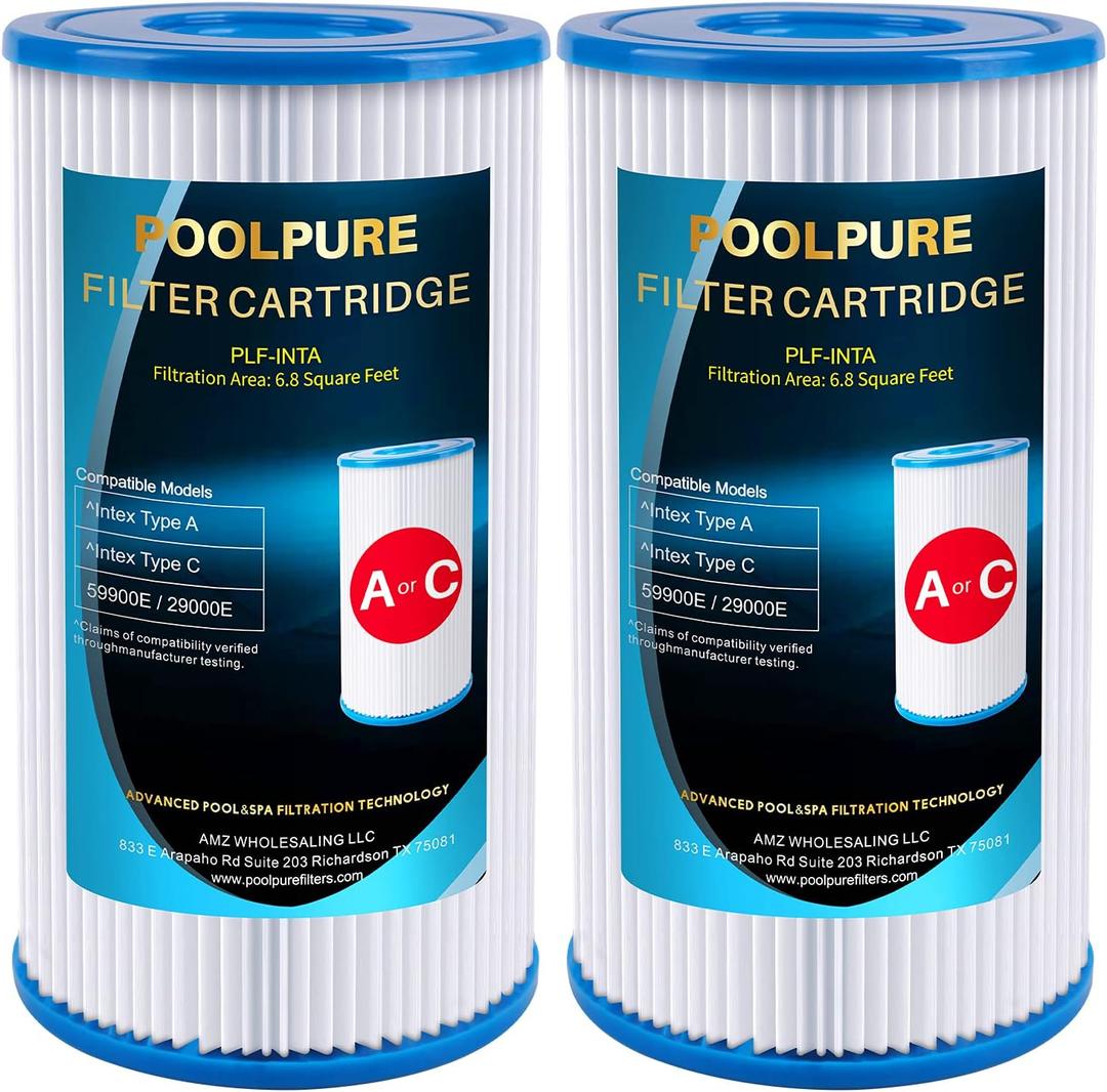 POOLPURE Replacement Filter for Type A or C, Compatible with Intex 29000E/59900E, Easy Set Pool Filters, Summer Escapes or Summer Waves Above Ground Pools, Pack of 2