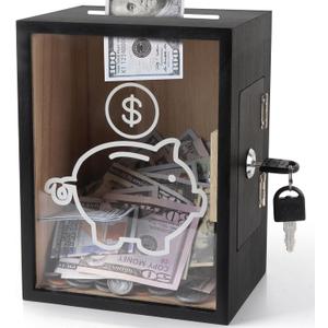 Clear Piggy Bank with Lock, Large Money Saving Jar Money Bank Box Container for Cash Saving, Openable Clear Money Coin Change Bank Jar Container Penny Piggy Jar Bank for Adults Kids, Black