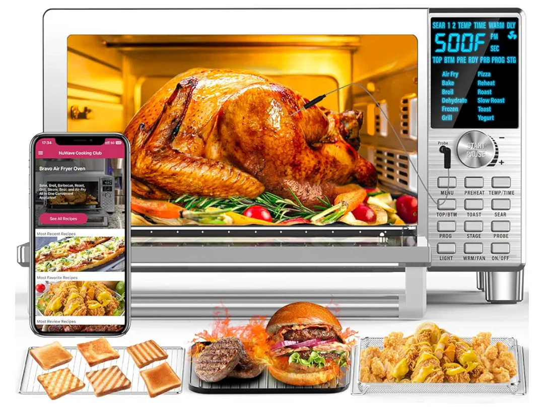 Nuwave Bravo XL Air Fryer Toaster Smart Oven, 12-in-1 Countertop Grill/Griddle Combo, 30-Qt XL Capacity, 50F-500F adjustable in precise 5F increments, Integrated Smart Thermometer, Linear T Technology
