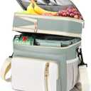 Lunch Box & Lunch Bag for Women Men, Expandable Large Insulated Adult Lunch Bag with Strap, Double Deck Leakproof Lunchbox Durable Cooler Bags for Work Picnic Beach,16L, Olive Green & White