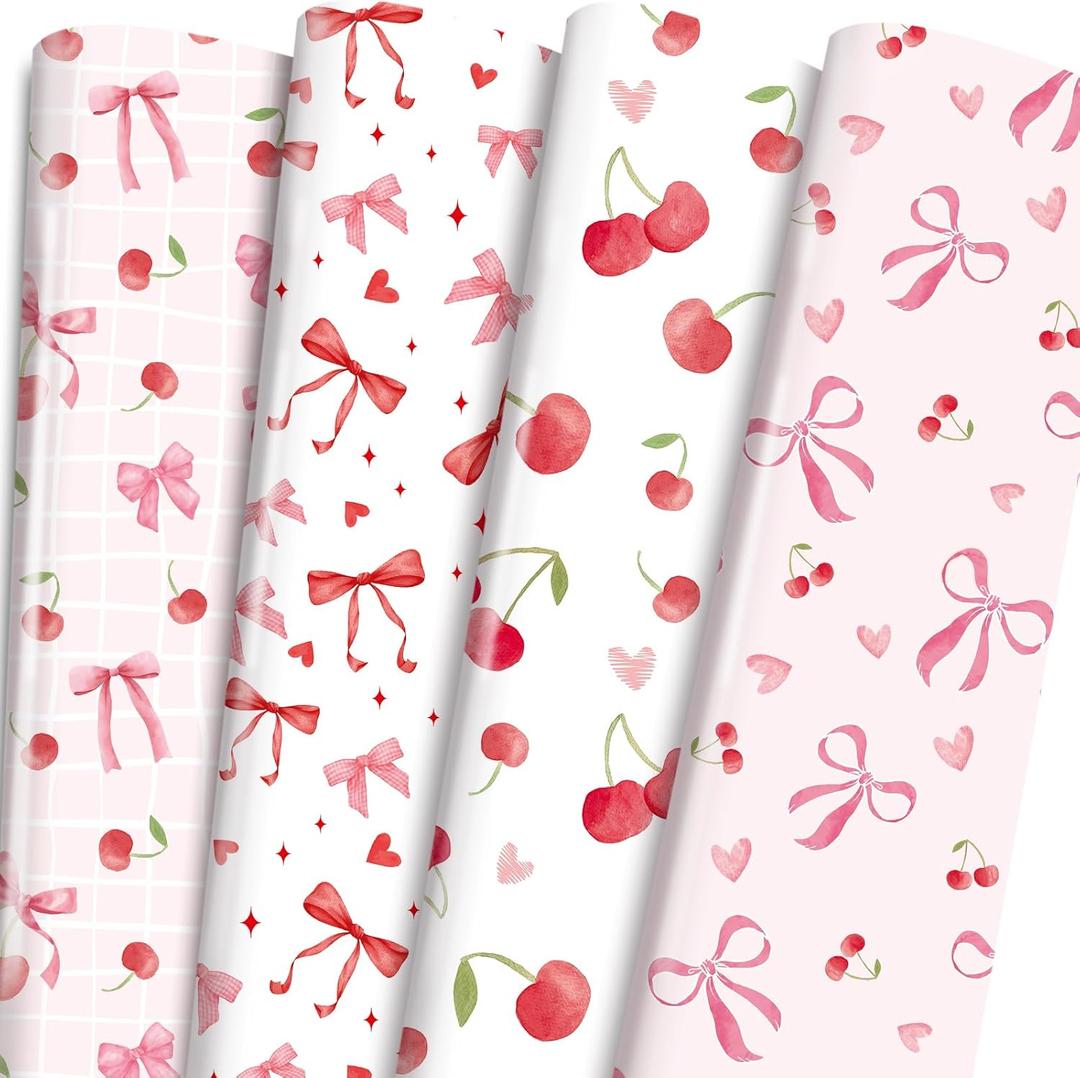 Coquettte Cherries Bow Wrapping Paper - 12 Sheet Chery Bows Tie Ribbon Gift Wrap, Sweet Cute Pink and Red Wrappaper for Women Girls Birthday Baby Shower Bachelorette DIY Crafts, 19.7 x 27.5 Inch