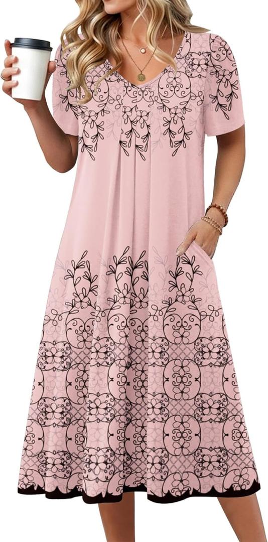 Zeagoo Summer Dress for Women Casual Floral Midi Sundress with Pockets V Neck Pleated Short Sleeve Aline Beach Vacation Dress (Medium, Pink Print-1)