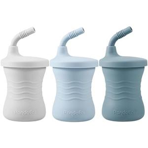 PandaEar Silicone Training Cup, 3 Pack Baby Drinking Sippy Cups with Straw for Baby and Toddler 6 Months+ (Dark Blue/Light Blue/Gray)