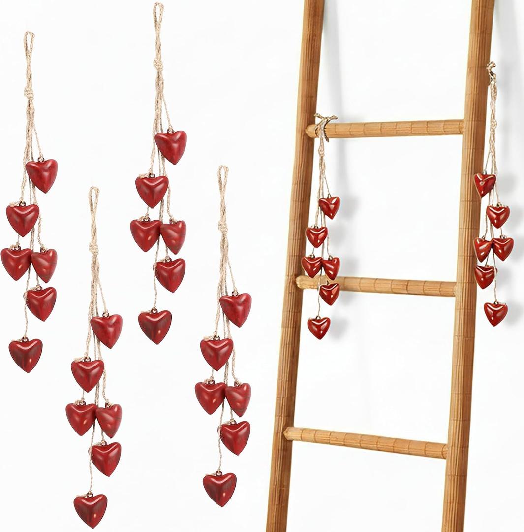 4 Pcs Metal Red Heart Cowbells Indoor Outdoor Decorative Red Cowbells Tibetan Meditation Bell with 6 Heart Bells on Jute Hanging Rope for DIY Crafts Wedding Mother Day Decoration, 1.4 Inch