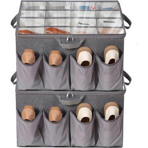 Shoe Organizer for Closet, Shoe Storage Solution with Clear Cover & Adjustable Dividers, Fabric Shoe Box Fits 16 +8 Pairs Shoes, Grey, 2-Pack