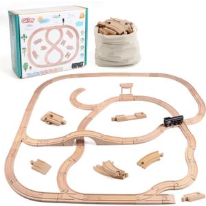 Qilay Wooden Train Track Set - 62PCS Track Expansion with 1 Bonus Magnetic Trains, Arched Bridge, Storage Bag, Compatible with All Major Brand Train Set for Kids 3+
