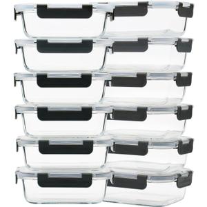 12 Pack 22oz Glass Meal Prep Containers, Food Storage Containers with Lids, Air-Tight, Leak-Resistant, Freezer to Microwave Safe - Grey Set