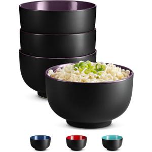 KooK Ramen Bowl, Japanese Bowls, Noodle Bowls, Large Soup Bowl, Ceramic, Large Capacity, For Ramen, Pho, Udon, Soba, Microwave and Dishwasher Safe, 34 oz, Set of 4 (Black/Plum)