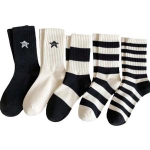 Verdusa Women's 5 Pairs Striped Crew Socks Casual Athletic Socks (39, Black and White)