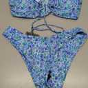 ZAFUL Women's Strapless Ribbed V Wired Lace Up Ruffle Tie High Cut Bandeau Swimsuits Bikini Set (Medium, Blue)