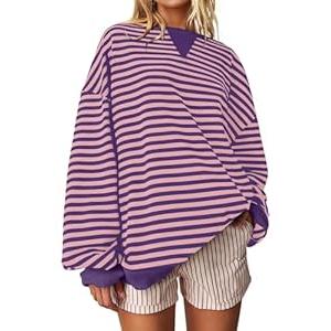 Darong Women Oversized Striped Color Block Long Sleeve Crew Neck Sweatshirt Casual Cotton Pullover Sweatshirts Fall Cloth (Purple Pink, M)