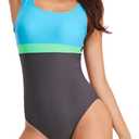 Womens One Piece Swimsuit Scoop Open Back Athletic Training Swimwear Color Block Sport Bathing Suit (Blue, M)