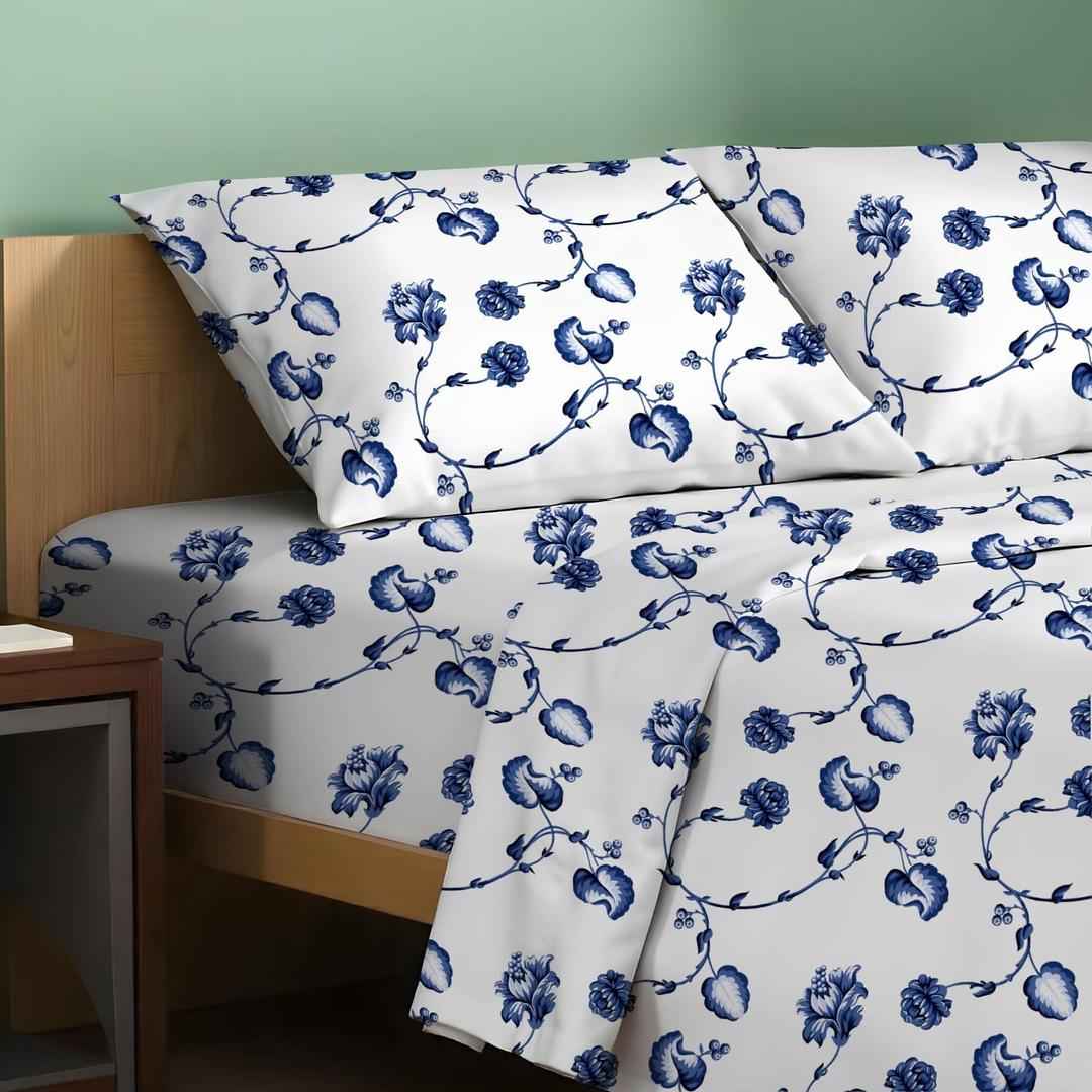 TEXAS LINEN CO. 100% Organic Cotton Printed Sheets Twin XL Size - 3 PC Organic Cotton Percale Sheets Twin XL (Floral Blue), Cooling Sheet for Dorm Room, 16" Deep Pocket Hotel Set - GOTS Certified