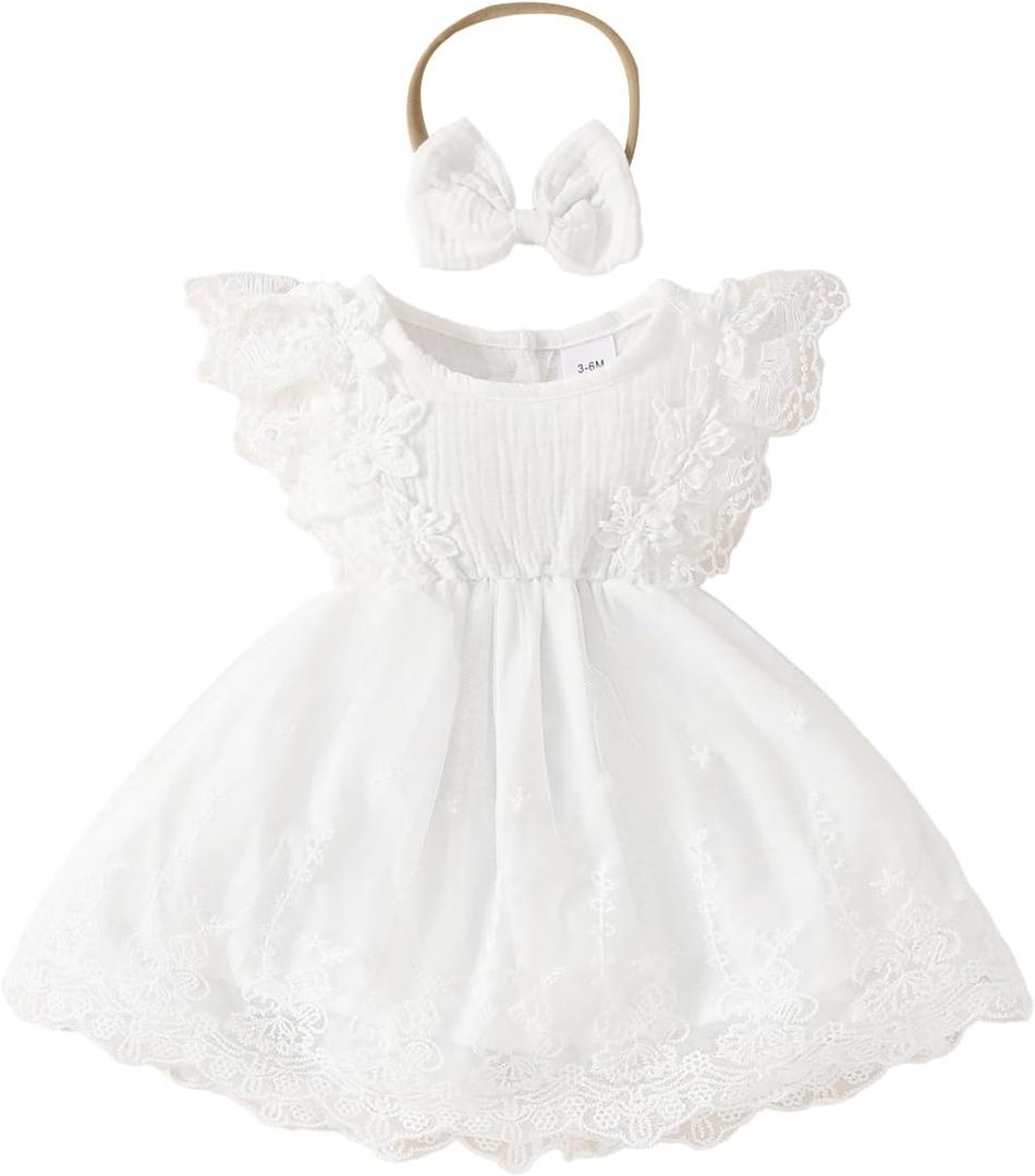 Infant Baby Girl Boho Floral Lace Dress Ruffle A-Line Mesh Princess Dresses with Headband Baptism Outfits (3-6 Months, White) Infant Baby Girl Boho Floral Lace Dress Ruffle A-Line Mesh Princess Dresses with Headband Baptism Outfits (3-6 Months, White)
