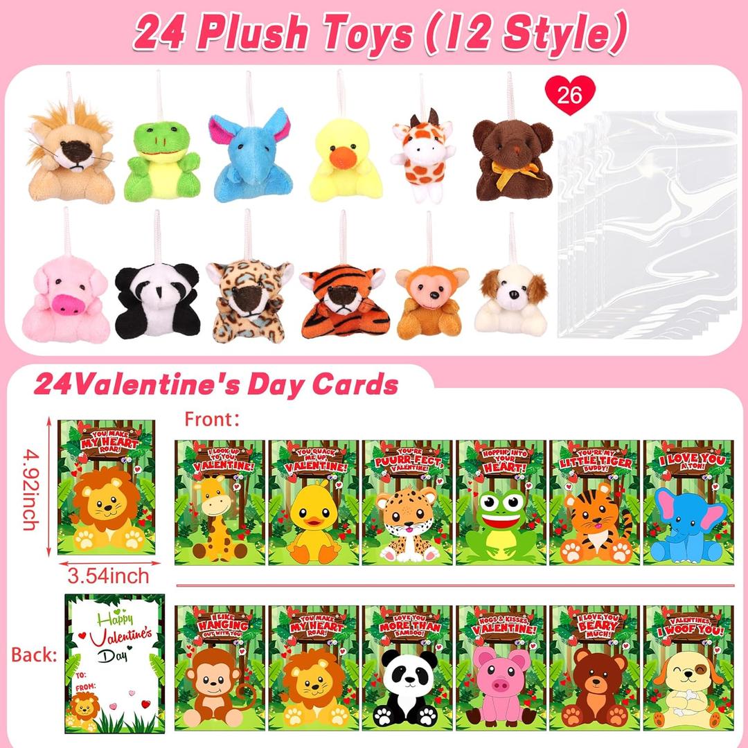 24 Pack Valentines Day Gifts for Kids Classroom Animal Plush Toy Keychain with Valentines Cards for Kids School, Valentines for Kids Class Exchange Cards Gifts Prizes Party Favors for Boys Girls