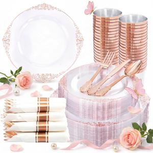 Nervure 350PCS Rose Gold Plastic Plates - Rose Gold Plastic Dinnerware Sets for 50 Guests - 100 Disposable Plates, 150 Silverware, 50 Cups, 50 Napkins Perfect for Wedding & Party & Mothers Day