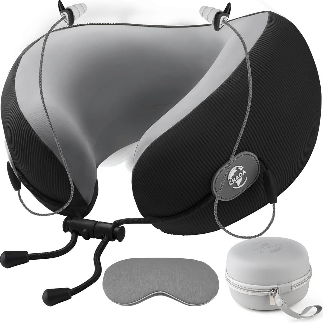 CNAOA Travel Pillow for Airplanes, Neck Pillow eases Neck and Shoulder Pain on Long Flights, Adaptive Memory Foam Sleep Support, Portable Carry Case, Eye Mask and Earplugs Travel Set(Black)