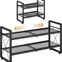 ELYKEN Shoe Rack, 2-Tier Expandable Shoe Organizer for Entryway, Metal Black Shoe Shelf with 4 Hooks, Ajustable Shoe Stand Holder for Closet, Garage, Door Entrance