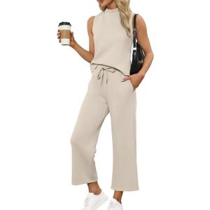 SAMPEEL Two Piece Sets for Women Summer Outfits Lounge Sets Mock Neck Tops Wide Leg Crop Pants Vacation Travel Outfits (Small, Beige)