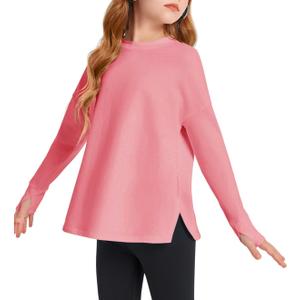 Haloumoning Girls Athletic Shirts Long Sleeve Active Quick Dry Tops Kids Gym Yoga Tees with Thumb Holes 5-14 Years (Pink, S)