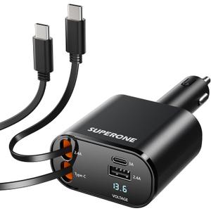 SUPERONE Retractable Car Charger for iPhone with Dual Type C Cables, 4 in 1 USB C Car Charger Adapter with 69W Fast Charging Compatible with iPhone 17 16 15 14 13 12 11 Pro/XS/XR/SE/iPad/Airpods