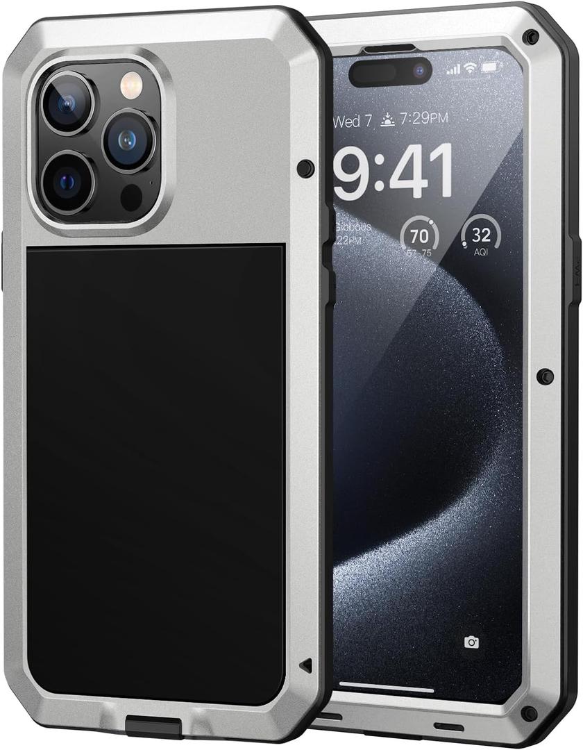 Lanhiem for iPhone 15 Pro Metal Case, Heavy Duty Shockproof Tough Rugged Case with Built-in Glass Screen Protector, 360 Full Body DustProof Protective Cover for iPhone 15 Pro 6.1", Silver