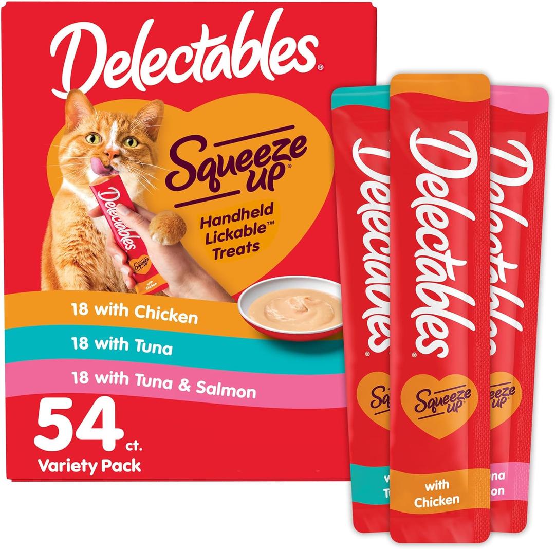 Hartz Delectables Squeeze Up Variety Pack, Creamy Squeezable Puree, Lickable Wet Cat Treats, Grain Free, No Added Fillers, No by-Products, No Added Preservatives, 0.5 Ounces Tube, 54 Tubes Total (EXP 08/30/27)