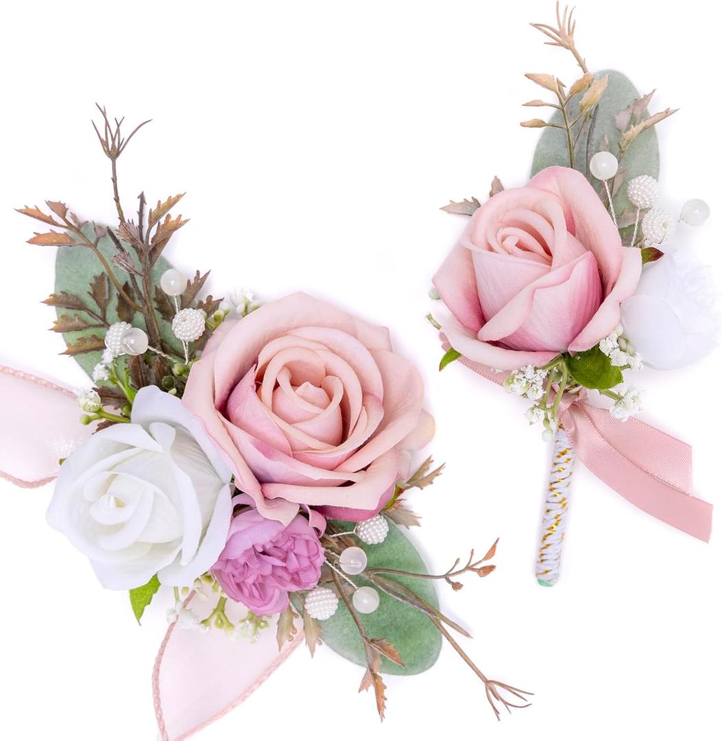 Fnize Pink Corsage and Boutonniere Set for Bride Groom Bridesmaids Groomsmen Wedding Homecoming Flowers Prom Suit Accessories, Rose Boutonniere and Wrist Corsage Flower