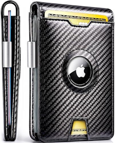 EVEO AirTag Wallet Men - Bifold Wallets for Men, Air Tag Wallet With AirTag Holder, Smart Wallet for Mens Minimalist Wallet Money Clip,10 Cards, RFID Blocking AirTag Not Included* - Carbon Fiber Black