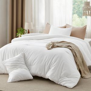 Bedsure Comforter Set - Cotton Fabric with Microfiber Inner Fill, White Soft Bed Set for All Seasons, 3 Pieces, 1 Comforter (120" x 120") and 2 Pillow Cases (39×24 inch)