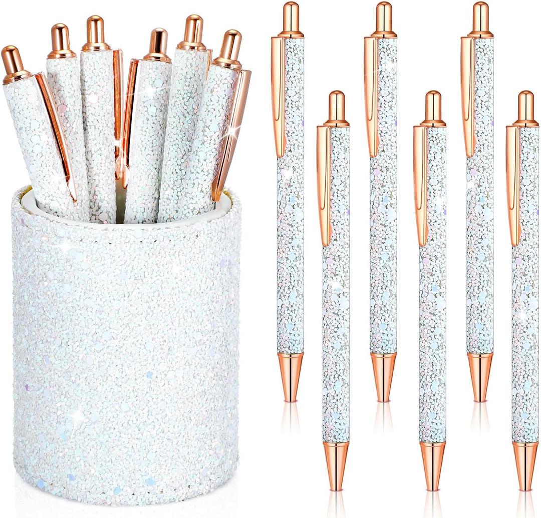 Bling Sequin Pen Holder with 6 Pcs Sequin Click Pens Cute Glitter Retractable Ballpoint Pens, Pencil Cups for Desk Organizer Makeup Brush Holder for Women Girls Classroom Offices(White)