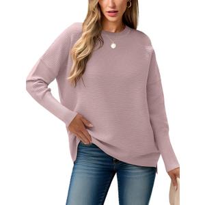 ANRABESS Womens Oversized Batwing Long Sleeve Ribbed Knit Sweaters 2025 Fall Outfits (Small, Pink)