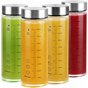 Glass Juice Bottles 4 Pack 16 oz - Wide Mouth Glass Water Bottles with Lids - for Juicing, Protein, Smoothie, Milk, Reusable, BPA Free, Stainless Steel Lids, Blender, Shaker Bottle (500ml)