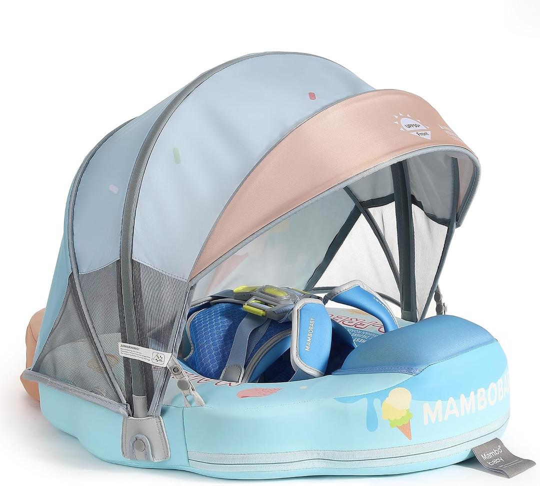 Mambobaby Float Add Tail Baby/Infant Swim Float with Canopy, Non-Inflatable Solid Upgrade Soft Waterproof Skin-Friendly Leather Material (Limited Edition Blue), 18.5 inches x 17.2"