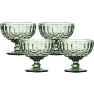 VanEnjoy Green Vintage Pressed Pattern Glass Ice Cream Cups/Dessert Bowls - Set of 4,12 Oz