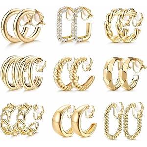 THUNARAZ Gold Clip on Earrings 14K Gold Plated Chunky Hoop Clip Earrings Trendy Clip on Hoop Earrings for Women Non-Pierced Fake Jewelry