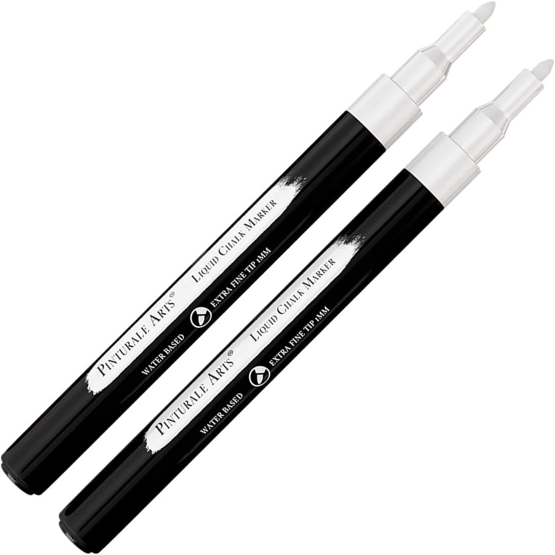 Pinturale Arts 2 Extra Fine Tip White Chalk Markers | 1mm Tip | For Windows, Blackboard, Dry Erase Board, Chalkboards, Glass, Easy Erase | White Chalk Pens Fine Tip