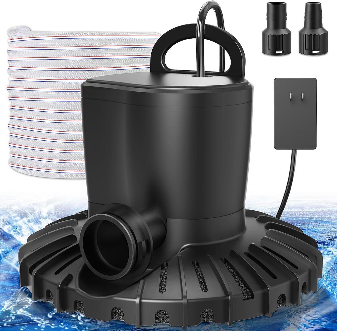 Pool Cover Pump, 3000L/H Automatic On Off Swimming Pool Cover Pump with 2 Garden Hose Adapters, 23ft Drainage Hose, and 49ft Power Cord, Submersible Water Pump for Pool, Tubs, and Water Beds