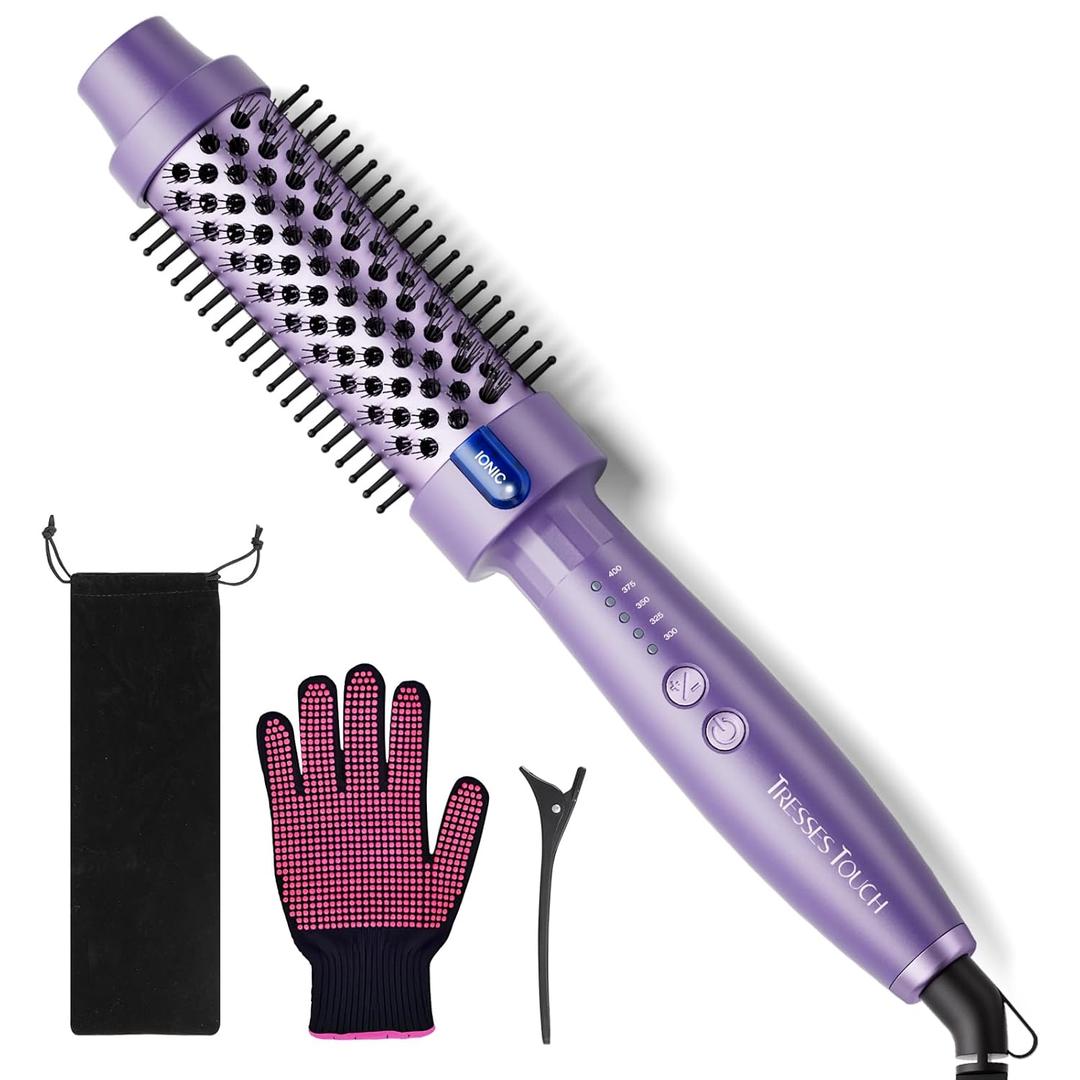 1.5 Inch Thermal Brush Blowout with 5 Temp Settings, Universal Voltage Hair Curling Iron, Ceramic Ionic Thermal Round Curling Brush Suitable for Medium and Long Hair, Purple