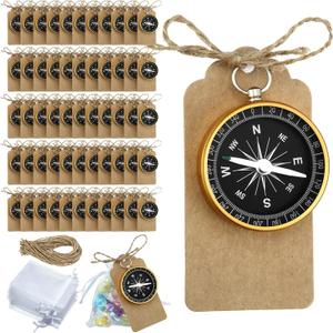 Weewooday 50 Sets Compass Wedding Favors for Guests Souvenir Present Nautical Mini Travel Themed Party Decorations with Kraft Tags and Drawstring Pouch Birthday Christmas Ornament, Silver