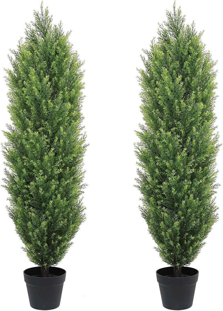 THE BLOOM TIMES 4ft Tall Topiary Trees Artificial Outdoor, UV Resistant Faux Cedar Pine Cypress Bushes Shrubs, 4 Foot Fake Potted Plants for Front Porch Outside Planter Patio Christmas Decor, Set of 2 (Yellow Green)