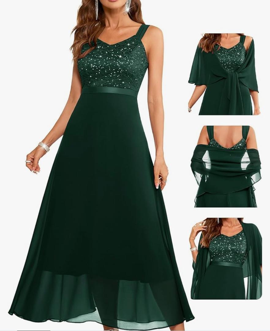 BeryLove Formal Wedding Guest Sequin Prom Dresses Cocktail Evening Lace Elegant Mother of The Bride Dress M