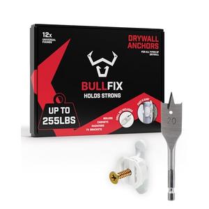 Bullfix Universal Heavy Duty Drywall Anchors - Starter 12 Pack, Holds up to 255lbs, Heavy Duty Wall Anchors for Drywall for Stud & Hollow Cavity with 13/16" Drill Bit Kit