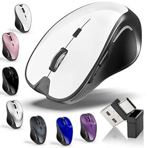Mouse for MacBook Bluetooth Wireless Mouse Laptop MacBook Air Mac Pro Silent Rechargeable PC iPad Optical Mouse with Jiggler Dual Mode Switch Bluetooth 5.2/ 3.0 and 2.4GHz USB Type-C Receiver WHITE