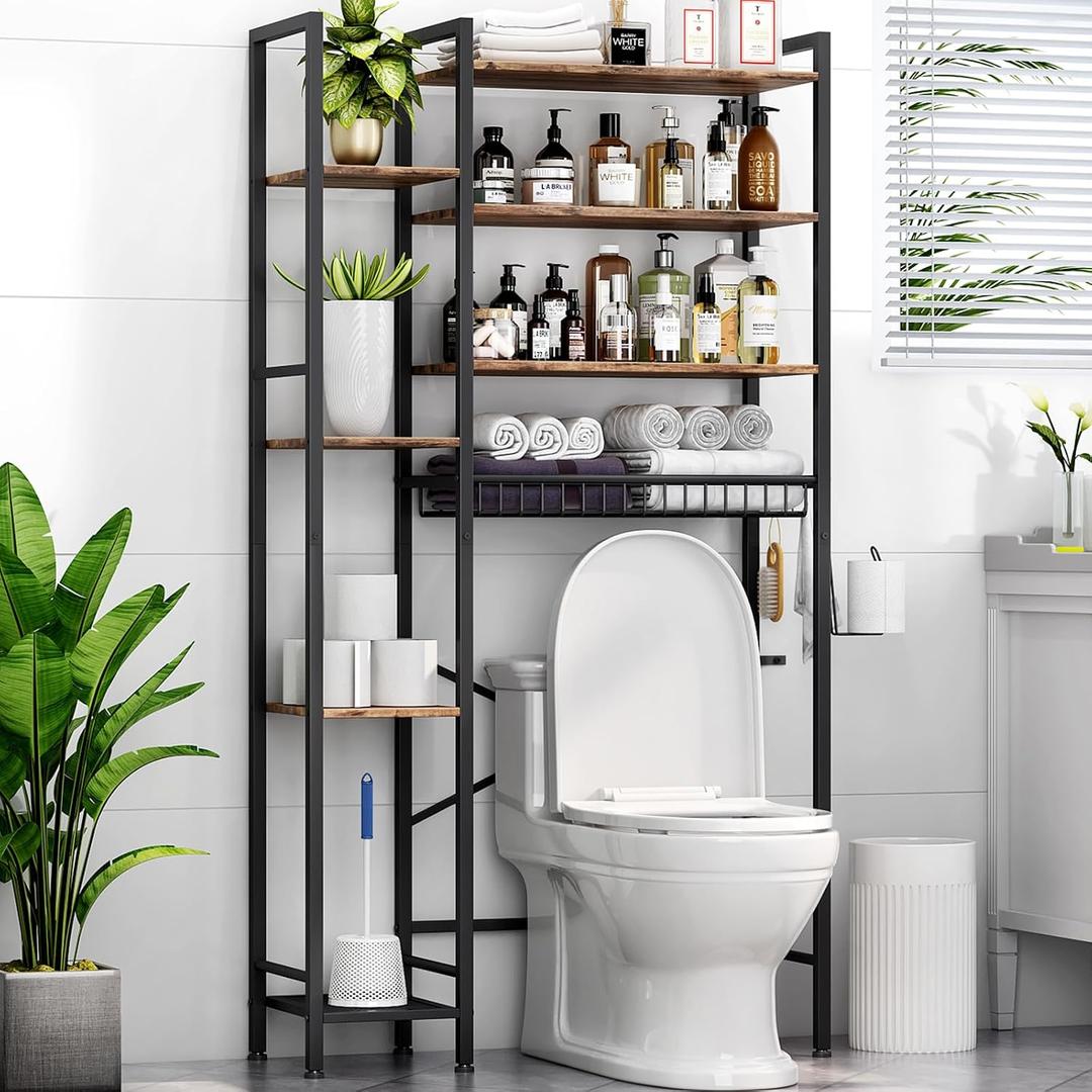 8-Tier Over The Toilet Storage with Side Rack, Over Toilet Storage Rack with Adjustable Shelf & Drain Basket, Freestanding Bathroom Organizer for Balcony, Laundry (Vintage Brown), Standard