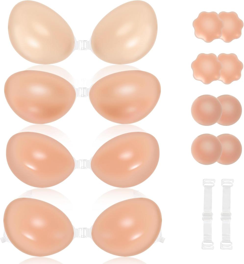 Ovlospa Adhesive Bra for Women Sticky Silicone Invisible Push up Bra for Backless Dress, 4 Pairs Adhesive Bras & 4 Pairs Nipple Covers (A Cup) Nude