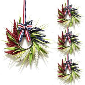 3 x 4 Pcs Small 4th of July Hanging Wreaths for Cabinets Patriotic Red White Blue Artificial Ear of Wheat Ring Small Pillar Candle Holder Wreath for Independence Day Memorial Day Porch Front Door