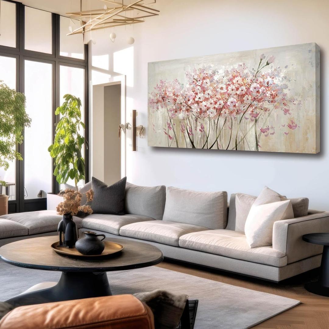 YJYart Home Decor Pink Blossom Hand Painted 30x60 Inch Colorful Wall Art Large Canvas Wall Art for Living Room Bedroom Office Kitchen
