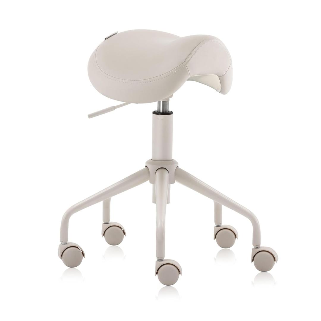 Adjustable Height Hydraulic Rolling Swivel Stool Chair with Metal Base and Faux Leather Cushion for Salon, Medical, Office and Home, 503 Kai Series, Saddle Seat, Vanilla