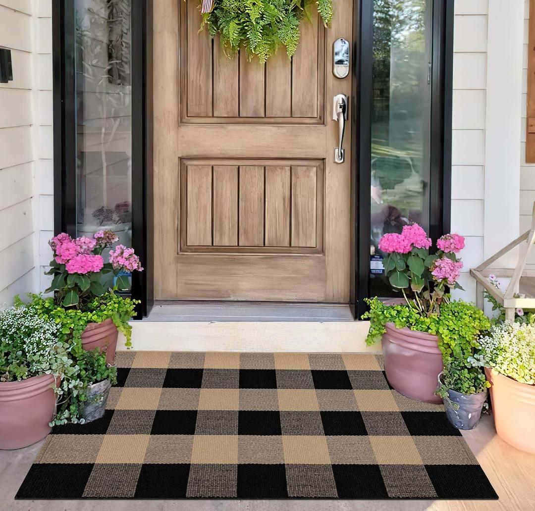 Checkered Front Door Mat Outdoor 24''x35''Buffalo Plaid Outdoor Rug Cotton Washable Layered Doormat for Bedroom,Bathroom,Farmhouse,Entryway,Home Entrance (Khaki Black)
